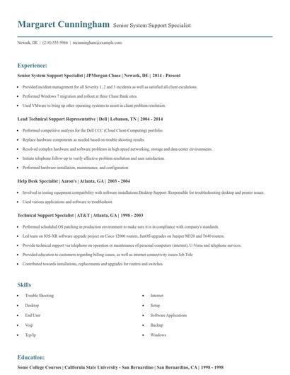 Senior System Support Specialist Resume