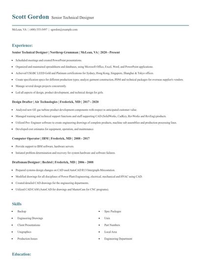 Senior Technical Designer Resume