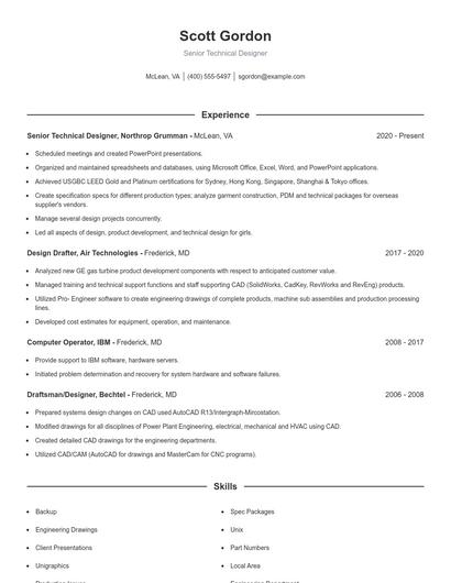 Senior Technical Designer Resume
