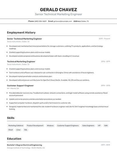 Senior Technical Marketing Engineer Resume