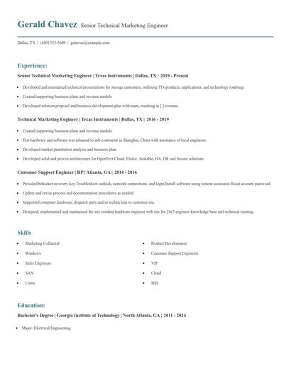 Senior Technical Marketing Engineer Resume