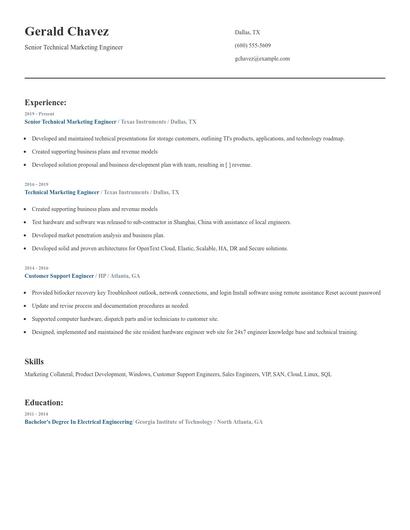 Senior Technical Marketing Engineer Resume