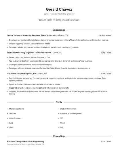 Senior Technical Marketing Engineer Resume