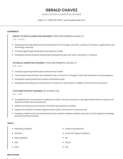 Senior Technical Marketing Engineer Resume