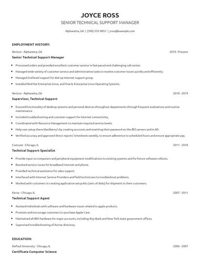 Senior Technical Support Manager Resume