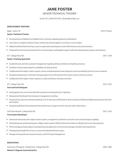 Senior Technical Trainer Resume