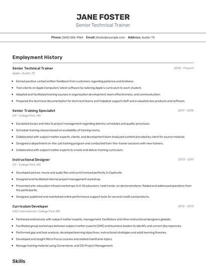 Senior Technical Trainer Resume