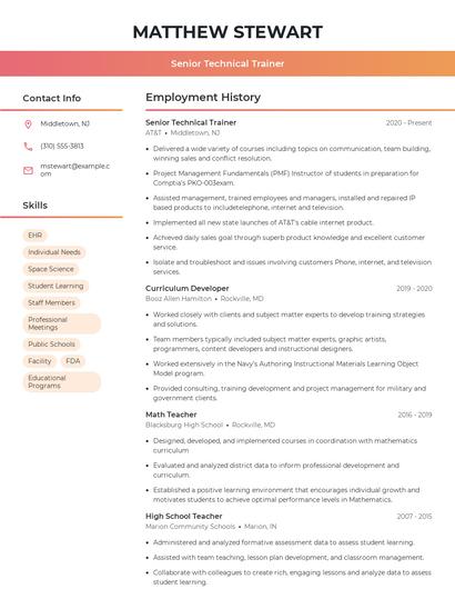 Senior Technical Trainer Resume