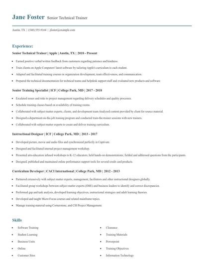 Senior Technical Trainer Resume
