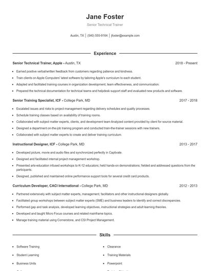 Senior Technical Trainer Resume