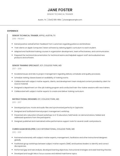 Senior Technical Trainer Resume