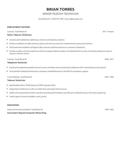 Senior Telecom Technician Resume
