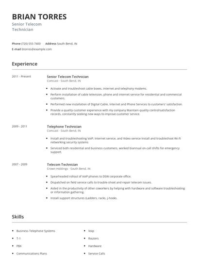 Senior Telecom Technician Resume