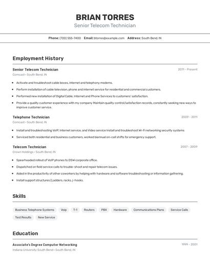 Senior Telecom Technician Resume