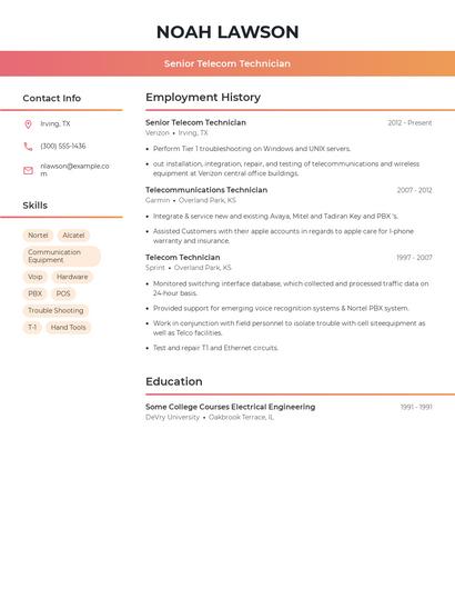 Senior Telecom Technician Resume