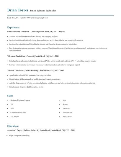 Senior Telecom Technician Resume