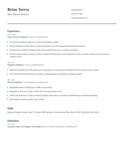 Senior Telecom Technician Resume