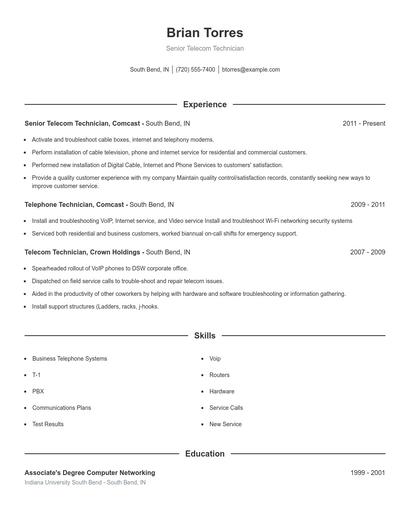 Senior Telecom Technician Resume
