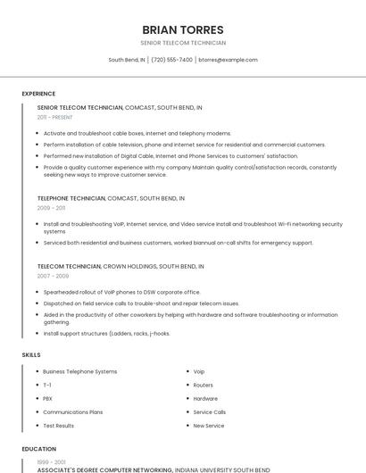 Senior Telecom Technician Resume