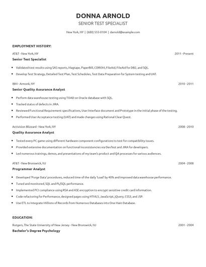 Senior Test Specialist Resume
