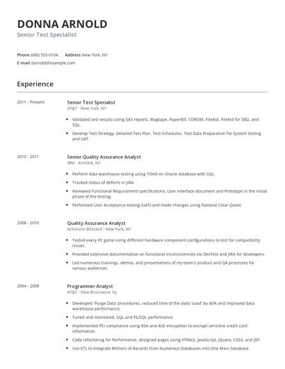Senior Test Specialist Resume