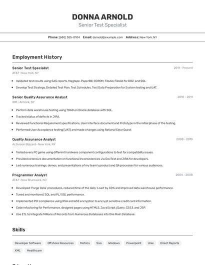 Senior Test Specialist Resume