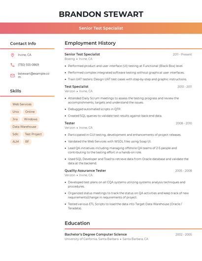 Senior Test Specialist Resume