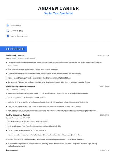 Senior Test Specialist Resume