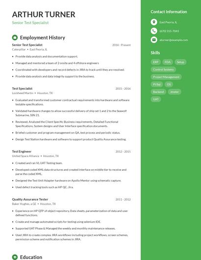 Senior Test Specialist Resume