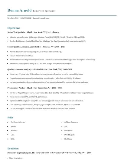 Senior Test Specialist Resume