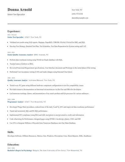 Senior Test Specialist Resume