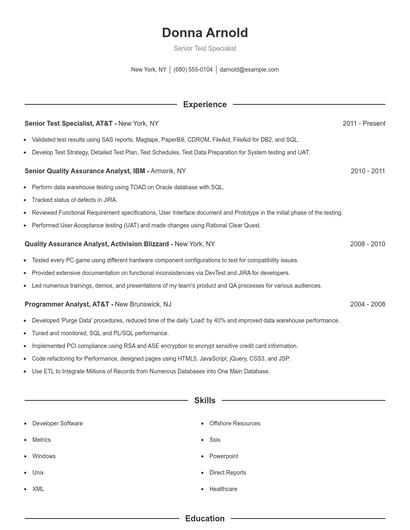 Senior Test Specialist Resume
