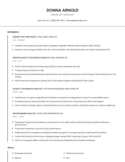 Senior Test Specialist Resume