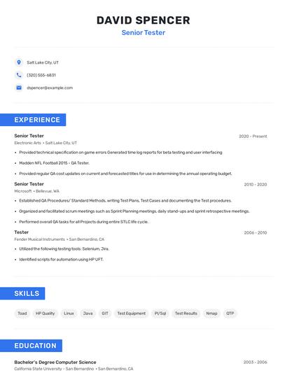 Senior Tester Resume