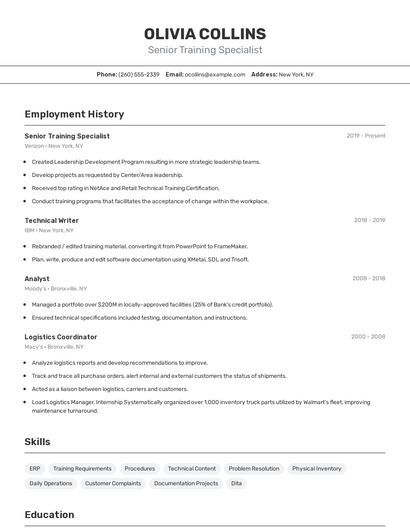 Senior Training Specialist Resume