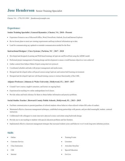 Senior Training Specialist Resume