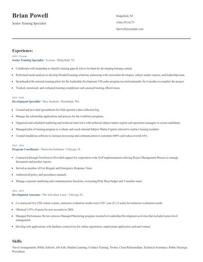 Senior Training Specialist Resume