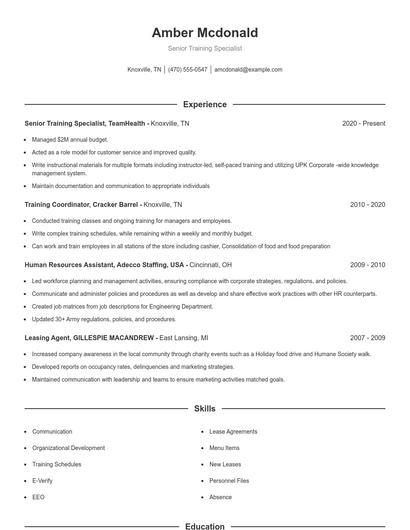 Senior Training Specialist Resume