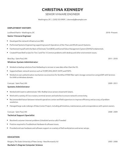 Senior Vmware Engineer Resume