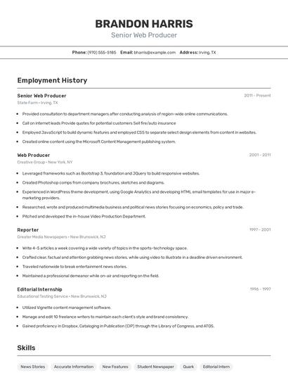Senior Web Producer Resume
