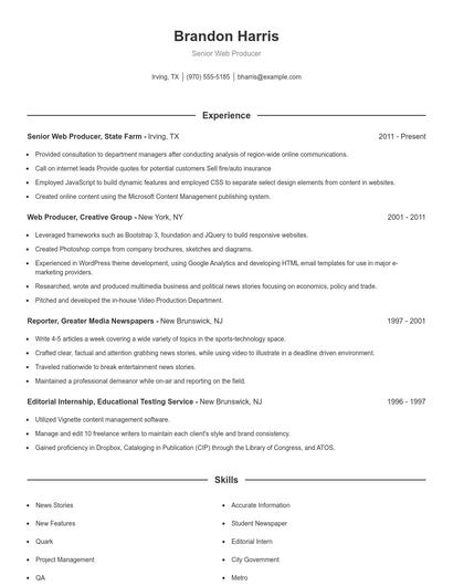 Senior Web Producer Resume