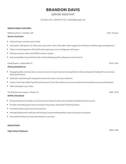 Server Assistant Resume