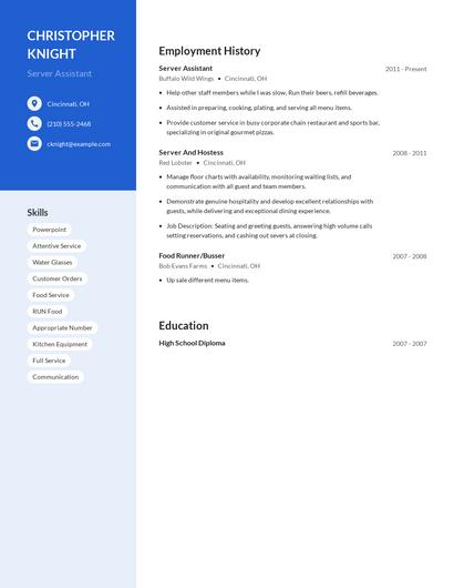 Server Assistant Resume