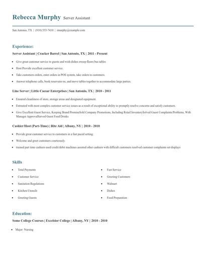 Server Assistant Resume
