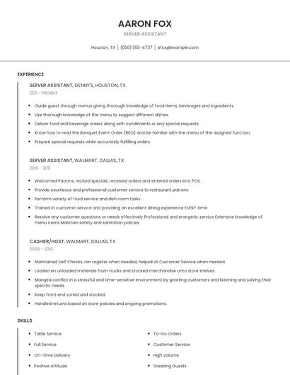 Server Assistant Resume