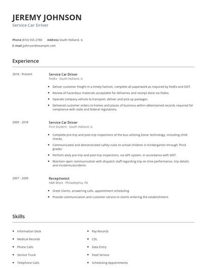 Service Car Driver Resume