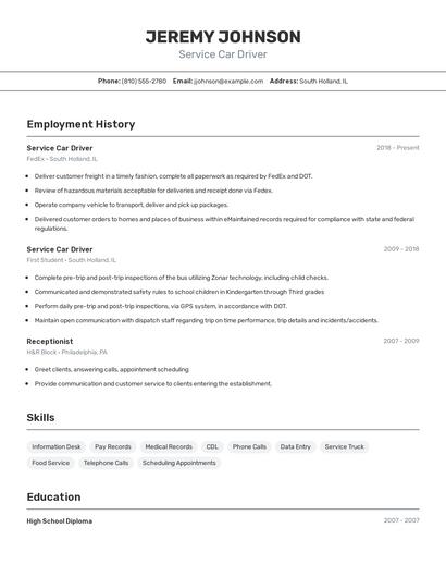 Service Car Driver Resume