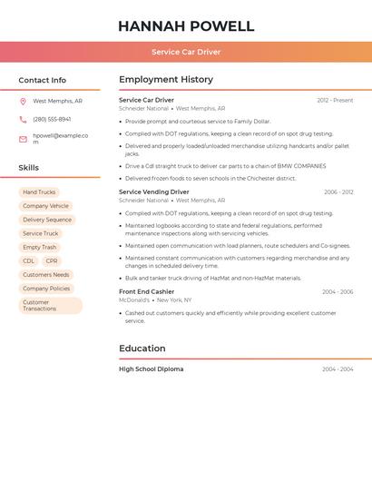 Service Car Driver Resume