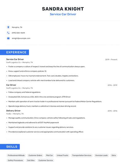 Service Car Driver Resume