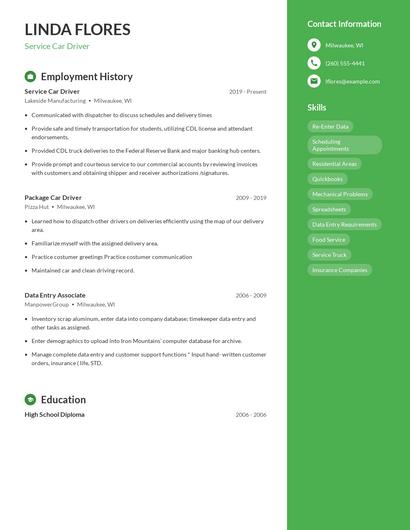 Service Car Driver Resume